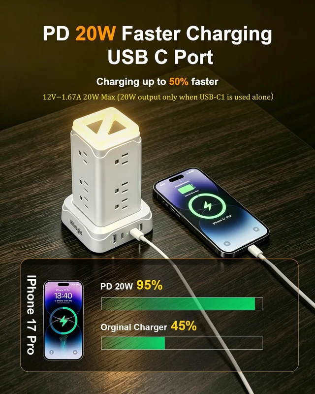Alt view image 2 of 7 - Desktop Power Strip Tower with Touch LED Night Light,USB C 20W Fast Charge 6Ft Extension Cord Surge Protector with Multiple Oultlets,USB A C Ports for Gaming,Dorm Room Essentials,Home,Office Desk