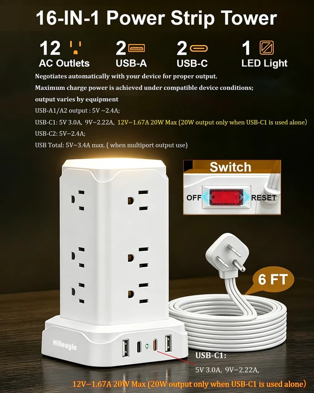 Alt view image 3 of 7 - Desktop Power Strip Tower with Touch LED Night Light,USB C 20W Fast Charge 6Ft Extension Cord Surge Protector with Multiple Oultlets,USB A C Ports for Gaming,Dorm Room Essentials,Home,Office Desk