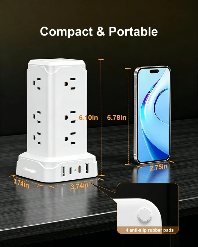 Alt view image 7 of 7 - Desktop Power Strip Tower with Touch LED Night Light,USB C 20W Fast Charge 6Ft Extension Cord Surge Protector with Multiple Oultlets,USB A C Ports for Gaming,Dorm Room Essentials,Home,Office Desk