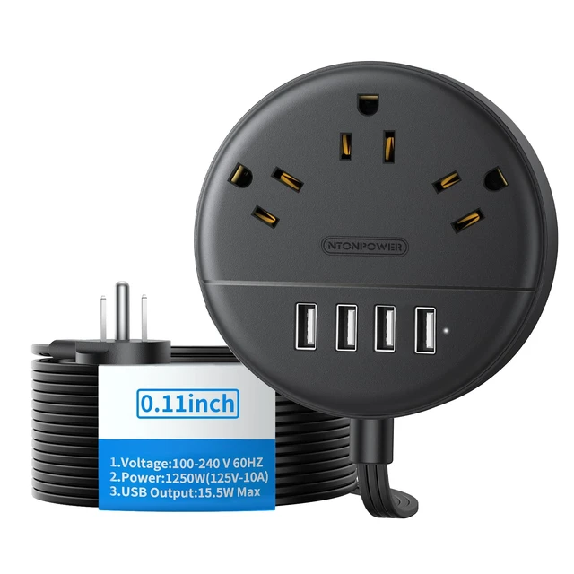 Main image of Flat Extension Cord - 15 ft, Power Strip with 3 Outlets & 4 USB Ports, Ultra Thin Flat Plug, Wall Mount for Home Office & Dorm Room