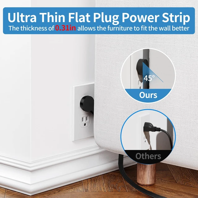 Alt view image 3 of 7 - Flat Extension Cord - 15 ft, Power Strip with 3 Outlets & 4 USB Ports, Ultra Thin Flat Plug, Wall Mount for Home Office & Dorm Room