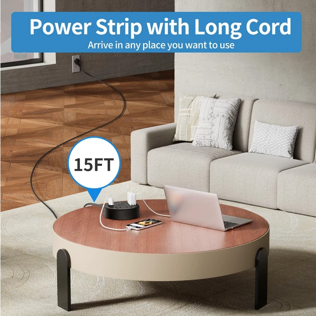 Alt view image 4 of 7 - Flat Extension Cord - 15 ft, Power Strip with 3 Outlets & 4 USB Ports, Ultra Thin Flat Plug, Wall Mount for Home Office & Dorm Room