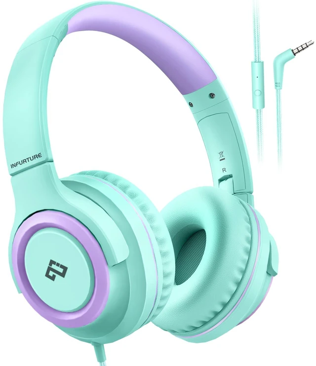 Main image of Kids Headphone for School with Microphone Wired Headphone-Green Adjustable for Boys/Girls, Soft Ear Muffs, Volume Limit, Foldable, Lightweight On-Ear Headphones for ipad/Travel/Tablet