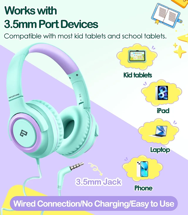 Alt view image 3 of 7 - Kids Headphone for School with Microphone Wired Headphone-Green Adjustable for Boys/Girls, Soft Ear Muffs, Volume Limit, Foldable, Lightweight On-Ear Headphones for ipad/Travel/Tablet