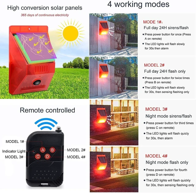 Alt view image 6 of 7 - Solar Alarm Strobe Light with Remote Control Motion Sensor Detector Outdoor Alarm 129db Sound Security Siren IP65 Waterproof Protected for Villa, Chicken coop, Barn, Farm, Yard
