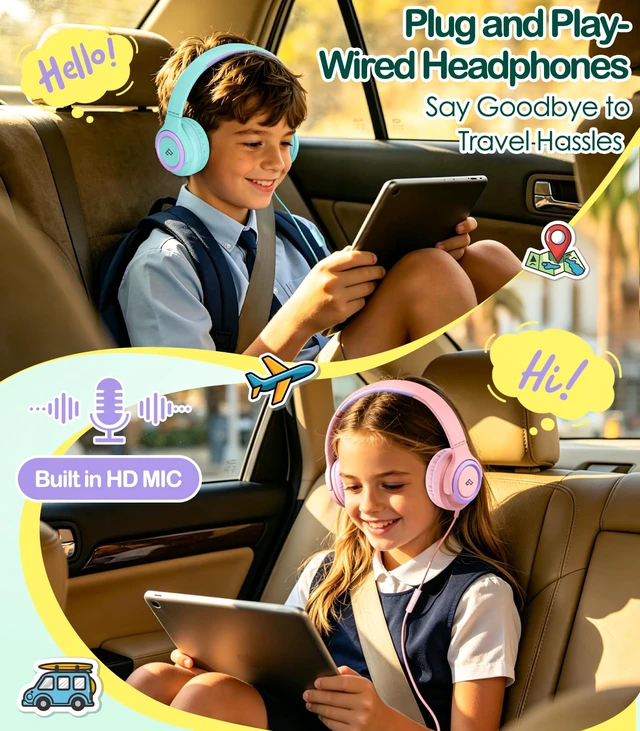 Alt view image 5 of 7 - Kids Headphone for School with Microphone Wired Headphone-Green Adjustable for Boys/Girls, Soft Ear Muffs, Volume Limit, Foldable, Lightweight On-Ear Headphones for ipad/Travel/Tablet