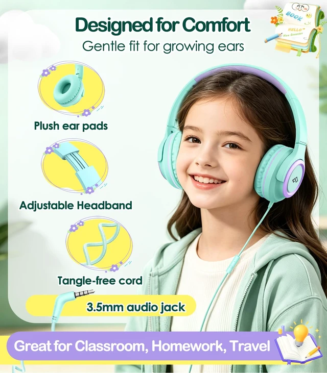 Alt view image 6 of 7 - Kids Headphone for School with Microphone Wired Headphone-Green Adjustable for Boys/Girls, Soft Ear Muffs, Volume Limit, Foldable, Lightweight On-Ear Headphones for ipad/Travel/Tablet