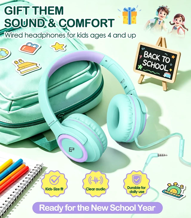 Alt view image 7 of 7 - Kids Headphone for School with Microphone Wired Headphone-Green Adjustable for Boys/Girls, Soft Ear Muffs, Volume Limit, Foldable, Lightweight On-Ear Headphones for ipad/Travel/Tablet