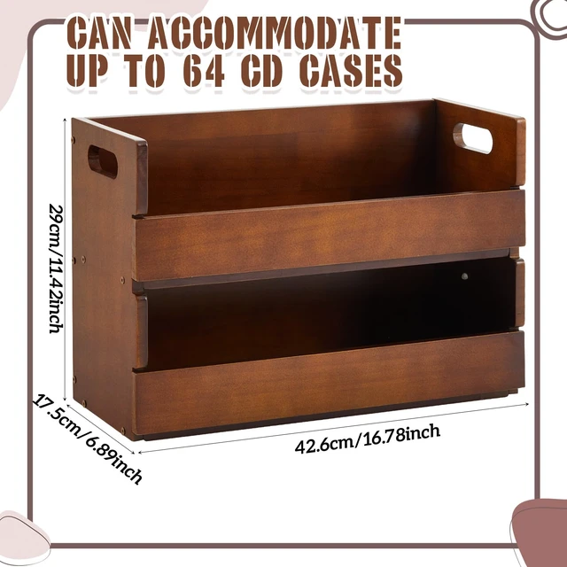 Alt view image 2 of 7 - 2-Tier Wooden CD Storage Holder, Classic Brown CD Display Shelf Rack with Carrying Handles, CDs Organizer for DVDs, Movie Cases and Cassette Tapes, Holds up to 72 CDs