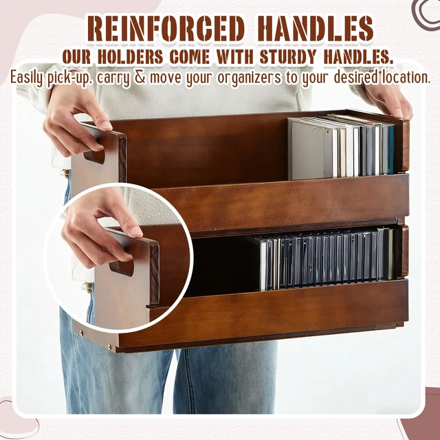 Alt view image 5 of 7 - 2-Tier Wooden CD Storage Holder, Classic Brown CD Display Shelf Rack with Carrying Handles, CDs Organizer for DVDs, Movie Cases and Cassette Tapes, Holds up to 72 CDs