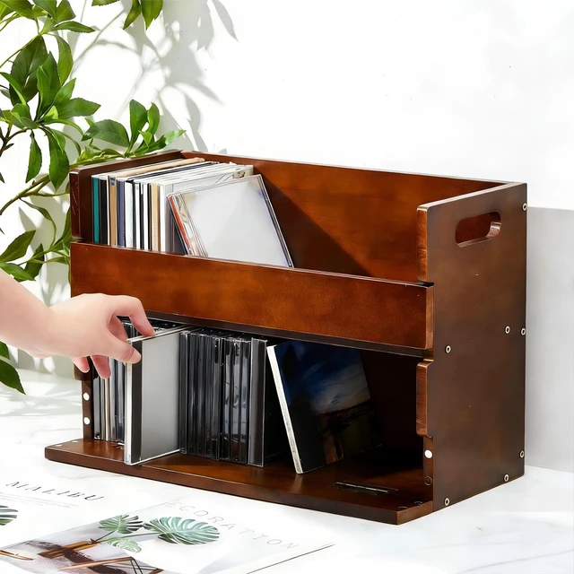 Alt view image 6 of 7 - 2-Tier Wooden CD Storage Holder, Classic Brown CD Display Shelf Rack with Carrying Handles, CDs Organizer for DVDs, Movie Cases and Cassette Tapes, Holds up to 72 CDs