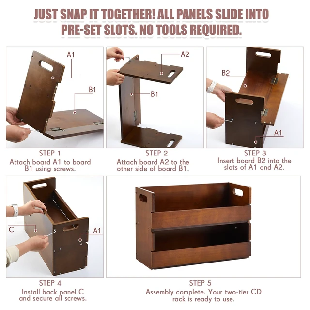 Alt view image 7 of 7 - 2-Tier Wooden CD Storage Holder, Classic Brown CD Display Shelf Rack with Carrying Handles, CDs Organizer for DVDs, Movie Cases and Cassette Tapes, Holds up to 72 CDs