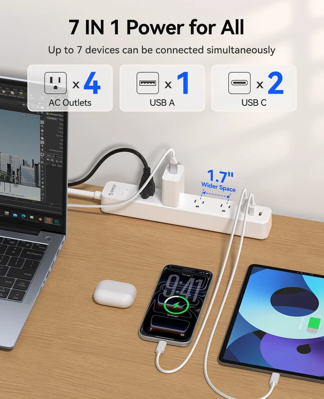Alt view image 2 of 7 - Power Strip, 1.7'' Wider Space Outlet Extension Cord with USB, White 7 In 1, 20W Max USB-C & 18W Max USB-A Port, 5FT/10FT Optional, Flat Plug, Wide Space Extender Powerstrip for Home, Office