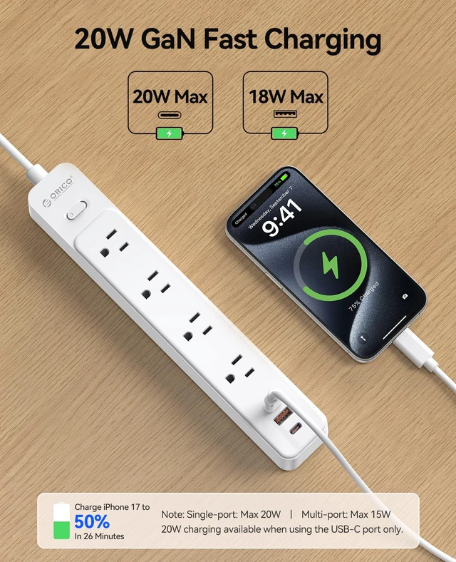 Alt view image 3 of 7 - Power Strip, 1.7'' Wider Space Outlet Extension Cord with USB, White 7 In 1, 20W Max USB-C & 18W Max USB-A Port, 5FT/10FT Optional, Flat Plug, Wide Space Extender Powerstrip for Home, Office