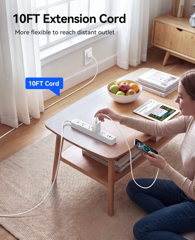 Alt view image 5 of 7 - Power Strip, 1.7'' Wider Space Outlet Extension Cord with USB, White 7 In 1, 20W Max USB-C & 18W Max USB-A Port, 5FT/10FT Optional, Flat Plug, Wide Space Extender Powerstrip for Home, Office