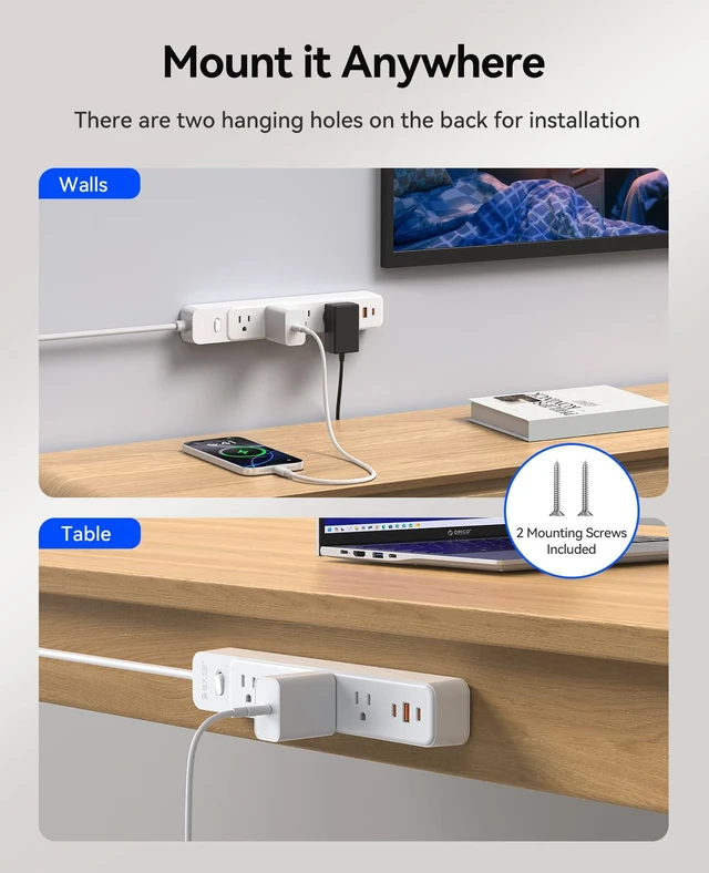 Alt view image 6 of 7 - Power Strip, 1.7'' Wider Space Outlet Extension Cord with USB, White 7 In 1, 20W Max USB-C & 18W Max USB-A Port, 5FT/10FT Optional, Flat Plug, Wide Space Extender Powerstrip for Home, Office
