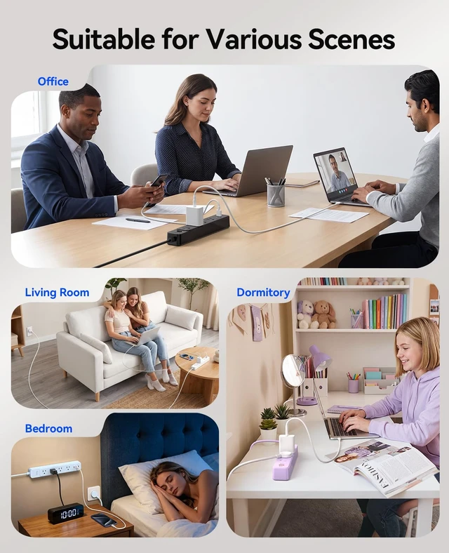 Alt view image 7 of 7 - Power Strip, 1.7'' Wider Space Outlet Extension Cord with USB, White 7 In 1, 20W Max USB-C & 18W Max USB-A Port, 5FT/10FT Optional, Flat Plug, Wide Space Extender Powerstrip for Home, Office