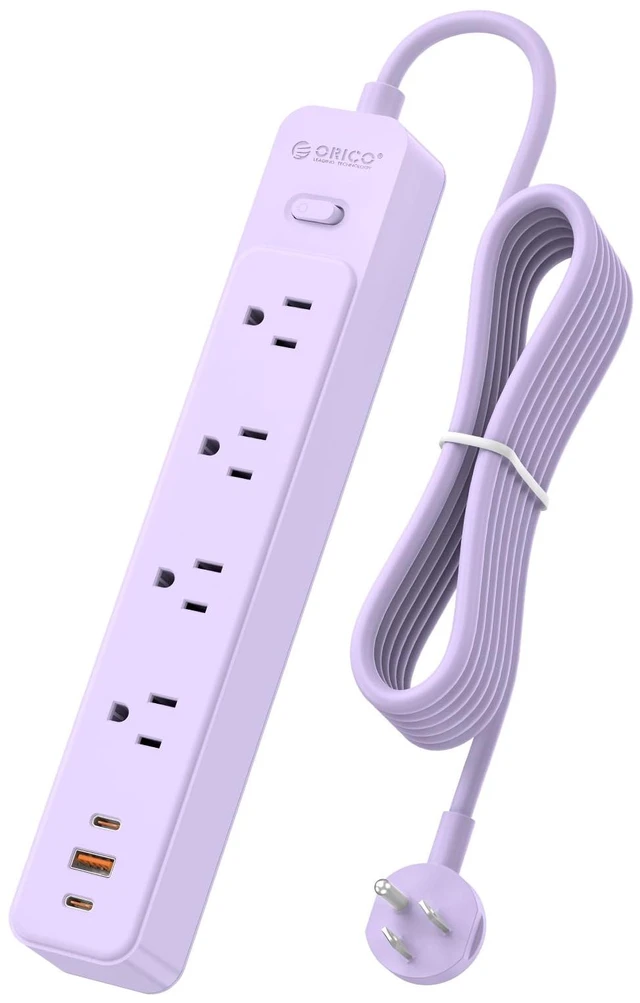 Main image of Power Strip, 1.7'' Wider Space Outlet Extension Cord with USB, Purple 7 In 1, 20W Max USB-C & 18W Max USB-A Port, 5FT/10FT Optional, Flat Plug, Wide Space Extender Powerstrip for Home, Office