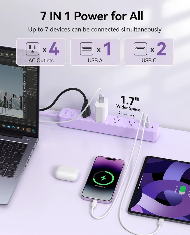 Alt view image 2 of 7 - Power Strip, 1.7'' Wider Space Outlet Extension Cord with USB, Purple 7 In 1, 20W Max USB-C & 18W Max USB-A Port, 5FT/10FT Optional, Flat Plug, Wide Space Extender Powerstrip for Home, Office