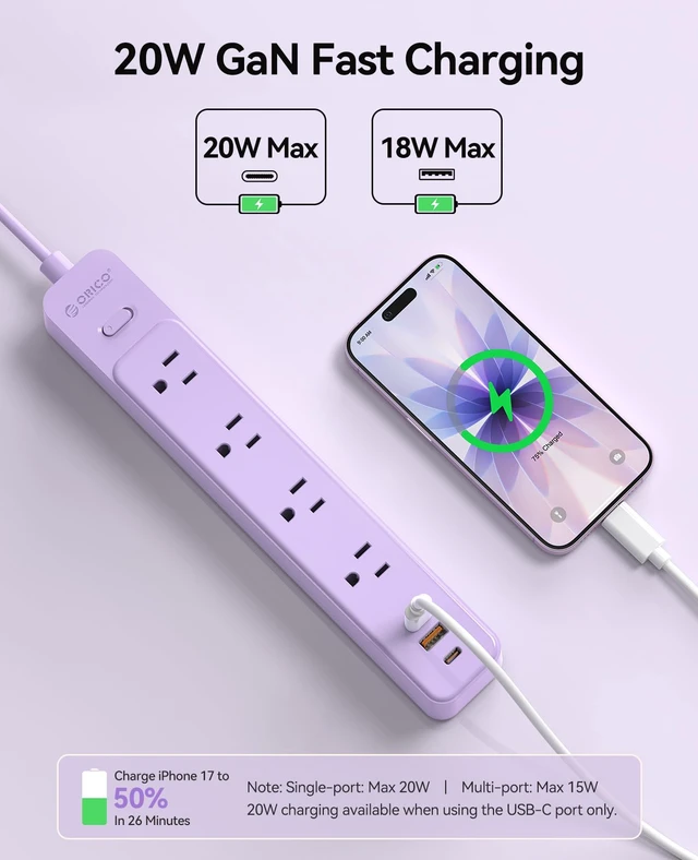 Alt view image 3 of 7 - Power Strip, 1.7'' Wider Space Outlet Extension Cord with USB, Purple 7 In 1, 20W Max USB-C & 18W Max USB-A Port, 5FT/10FT Optional, Flat Plug, Wide Space Extender Powerstrip for Home, Office