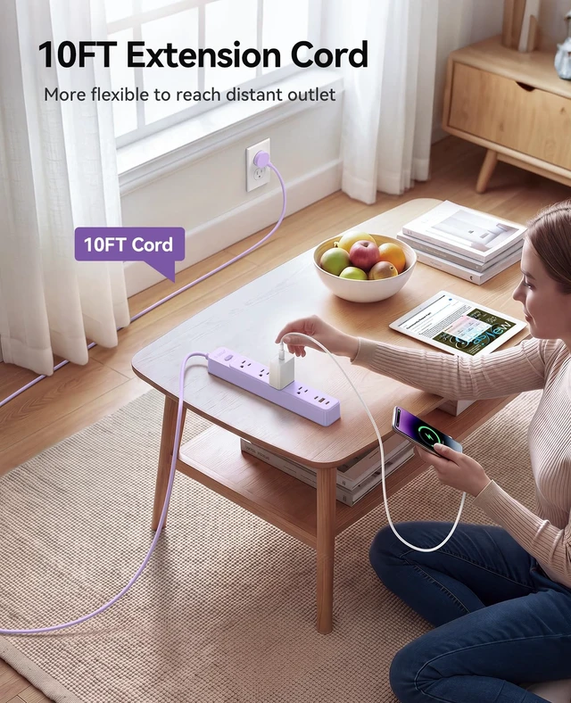 Alt view image 5 of 7 - Power Strip, 1.7'' Wider Space Outlet Extension Cord with USB, Purple 7 In 1, 20W Max USB-C & 18W Max USB-A Port, 5FT/10FT Optional, Flat Plug, Wide Space Extender Powerstrip for Home, Office