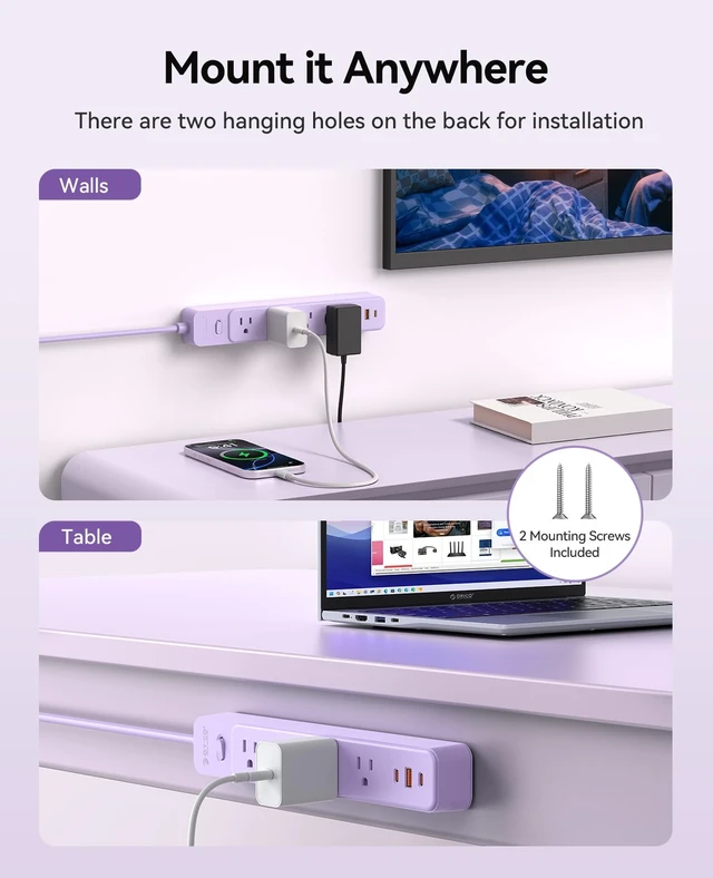 Alt view image 6 of 7 - Power Strip, 1.7'' Wider Space Outlet Extension Cord with USB, Purple 7 In 1, 20W Max USB-C & 18W Max USB-A Port, 5FT/10FT Optional, Flat Plug, Wide Space Extender Powerstrip for Home, Office