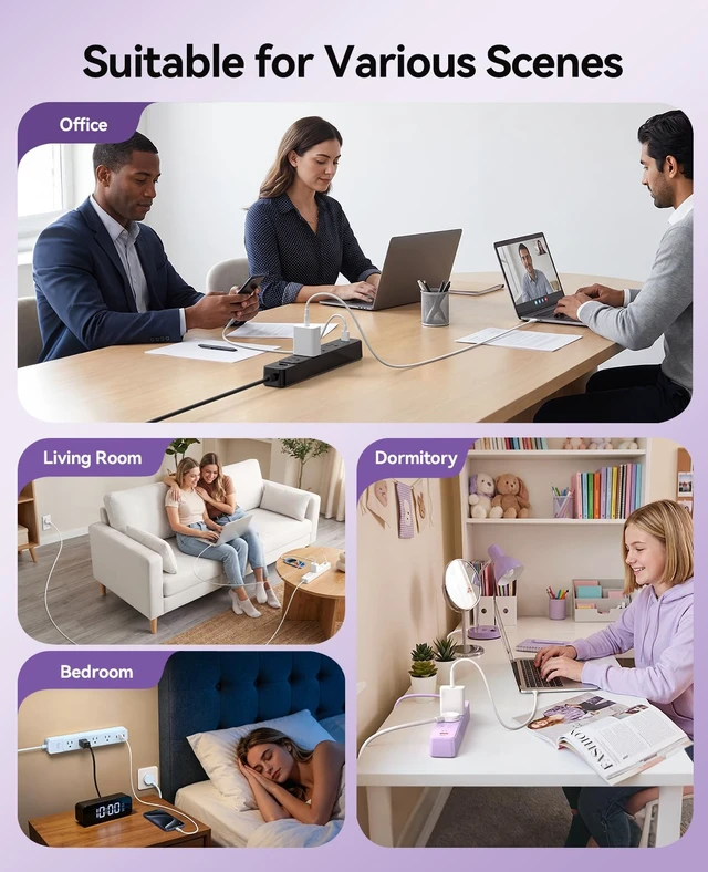 Alt view image 7 of 7 - Power Strip, 1.7'' Wider Space Outlet Extension Cord with USB, Purple 7 In 1, 20W Max USB-C & 18W Max USB-A Port, 5FT/10FT Optional, Flat Plug, Wide Space Extender Powerstrip for Home, Office