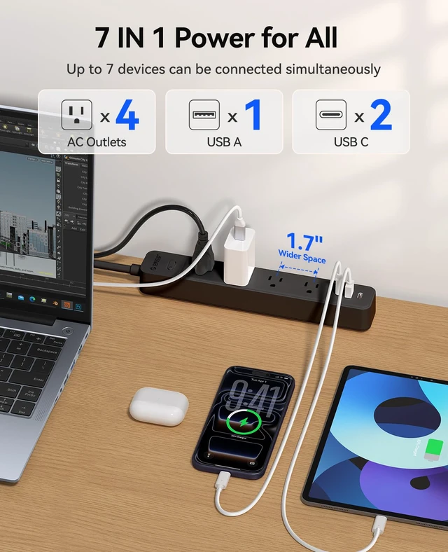 Alt view image 2 of 7 - Power Strip, 1.7'' Wider Space Outlet Extension Cord with USB, Black 7 In 1, 20W Max USB-C & 18W Max USB-A Port, 5FT/10FT Optional, Flat Plug, Wide Space Extender Powerstrip for Home, Office
