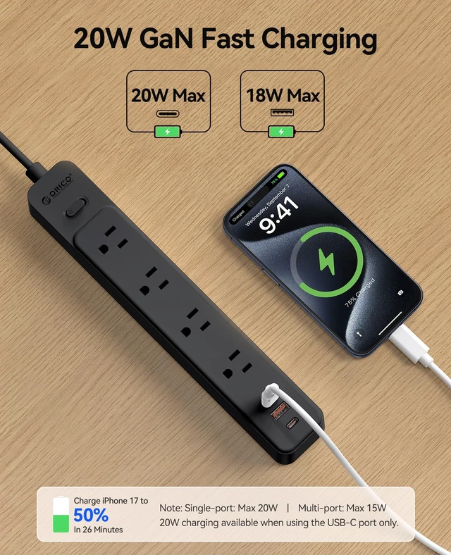 Alt view image 3 of 7 - Power Strip, 1.7'' Wider Space Outlet Extension Cord with USB, Black 7 In 1, 20W Max USB-C & 18W Max USB-A Port, 5FT/10FT Optional, Flat Plug, Wide Space Extender Powerstrip for Home, Office