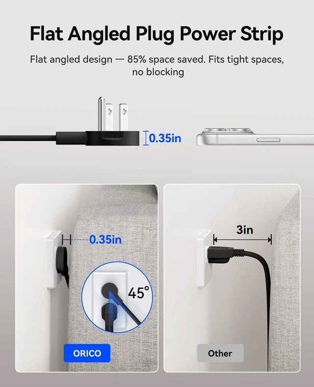 Alt view image 4 of 7 - Power Strip, 1.7'' Wider Space Outlet Extension Cord with USB, Black 7 In 1, 20W Max USB-C & 18W Max USB-A Port, 5FT/10FT Optional, Flat Plug, Wide Space Extender Powerstrip for Home, Office