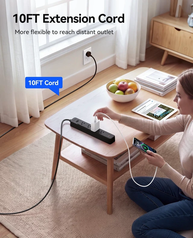 Alt view image 5 of 7 - Power Strip, 1.7'' Wider Space Outlet Extension Cord with USB, Black 7 In 1, 20W Max USB-C & 18W Max USB-A Port, 5FT/10FT Optional, Flat Plug, Wide Space Extender Powerstrip for Home, Office