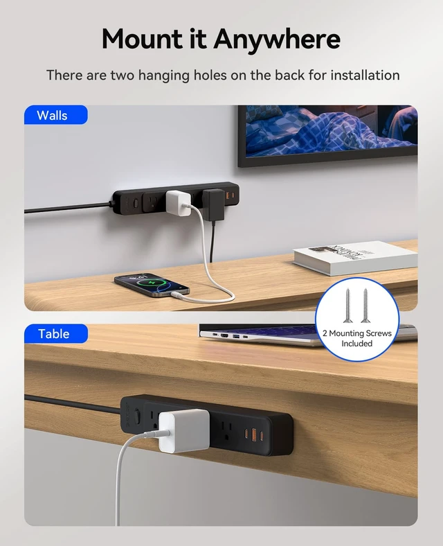 Alt view image 6 of 7 - Power Strip, 1.7'' Wider Space Outlet Extension Cord with USB, Black 7 In 1, 20W Max USB-C & 18W Max USB-A Port, 5FT/10FT Optional, Flat Plug, Wide Space Extender Powerstrip for Home, Office