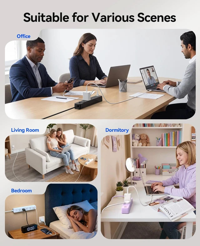 Alt view image 7 of 7 - Power Strip, 1.7'' Wider Space Outlet Extension Cord with USB, Black 7 In 1, 20W Max USB-C & 18W Max USB-A Port, 5FT/10FT Optional, Flat Plug, Wide Space Extender Powerstrip for Home, Office