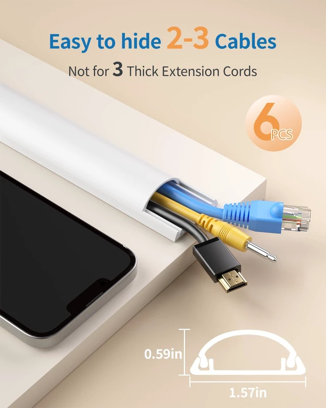 Alt view image 2 of 7 - 85in Cord Cover, Half Round Cord Hider, W1.57in, H0.59in, White Curved Design, Self-Adhesive Cord Covers for Wires on Wall, Large Wire Hider for 2-3 Cords