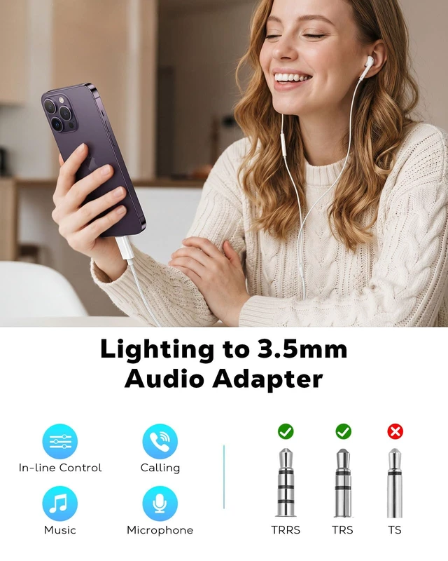 Alt view image 2 of 7 - Lightning to 3.5mm Headphone Jack Adapter, with Call & in-line Control Cable-free Direct-plug Adapter, Support Microphone & In-Line Control, Smart DAC Chip, For iPhone 14/13/12/11/iPad