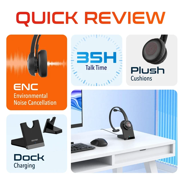 Alt view image 4 of 7 - 50X Noise Canceling Bluetooth Computer Headset with Charging Dock Wireless headset for Laptop/PC/iMac/Tablet/Smartphones, Compatible with MS Teams, Zoom, Google Meet, Slack and More - Black