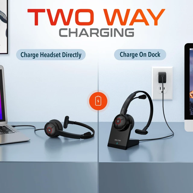 Alt view image 7 of 7 - 50X Noise Canceling Bluetooth Computer Headset with Charging Dock Wireless headset for Laptop/PC/iMac/Tablet/Smartphones, Compatible with MS Teams, Zoom, Google Meet, Slack and More - Black