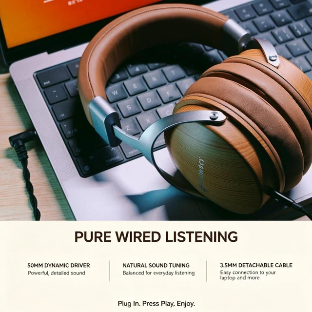 Alt view image 6 of 7 - FIIO Nature Closed-Back Over-Ear Hi-Fi Headphones, 50mm Carbon Composite Drivers, Natural Balanced Sound, Detachable Cable, Wood Grain Ear Cups (Apricot)