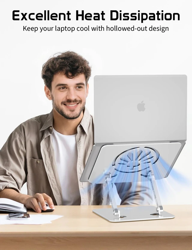 Alt view image 2 of 7 - Adjustable Aluminum Laptop Stand for Desk,Ergonomic Riser, Silver Open Ventilated Design, Fits MacBook Pro/Air & 10"-16" Laptops, Stable Support for Office, Home & Travel