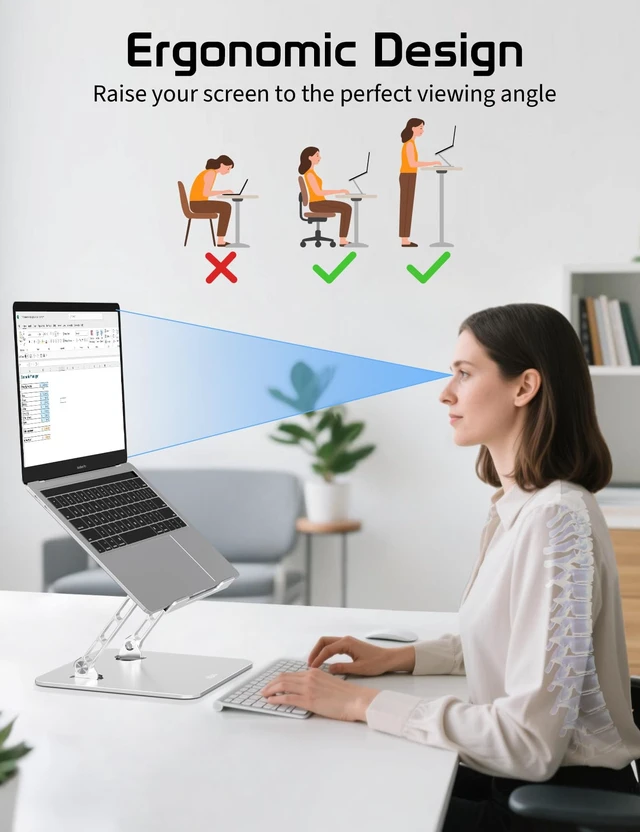 Alt view image 3 of 7 - Adjustable Aluminum Laptop Stand for Desk,Ergonomic Riser, Silver Open Ventilated Design, Fits MacBook Pro/Air & 10"-16" Laptops, Stable Support for Office, Home & Travel