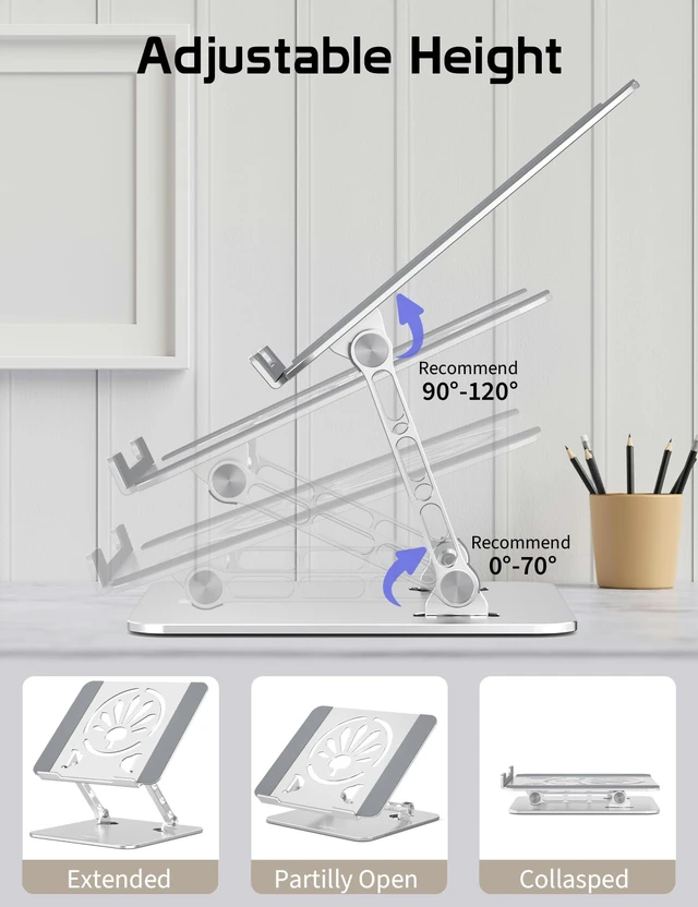 Alt view image 5 of 7 - Adjustable Aluminum Laptop Stand for Desk,Ergonomic Riser, Silver Open Ventilated Design, Fits MacBook Pro/Air & 10"-16" Laptops, Stable Support for Office, Home & Travel