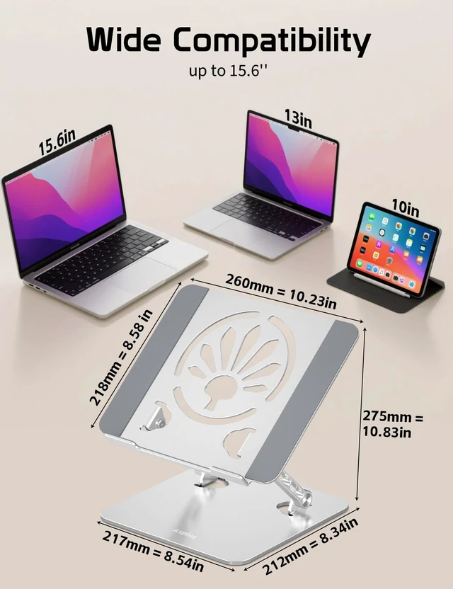Alt view image 6 of 7 - Adjustable Aluminum Laptop Stand for Desk,Ergonomic Riser, Silver Open Ventilated Design, Fits MacBook Pro/Air & 10"-16" Laptops, Stable Support for Office, Home & Travel