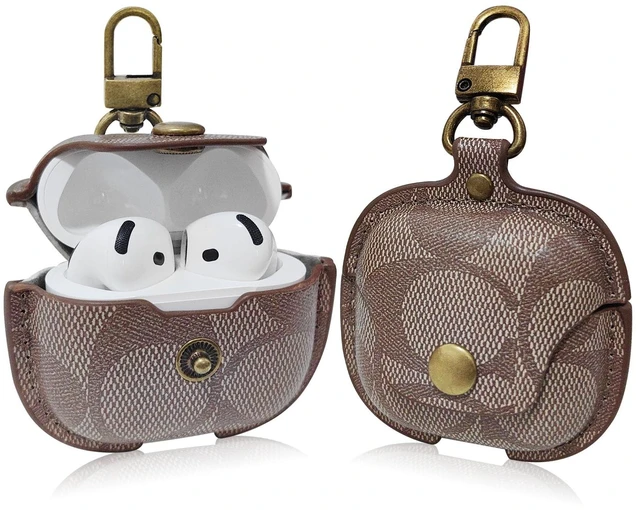 Main image of Retro Leather Case for AirPods 4 with Stylish Metal Key Clip (D) Vintage Print Design Fits AirPods 4 with ANC Snap Closure Precise Cutouts Drop Protection