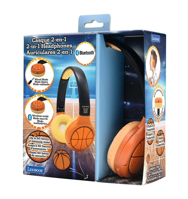 Alt view image 5 of 6 - Basketball Bluetooth Headphones, HPBT010BA 2-in-1 Bluetooth, Wired, with Microphone, Control Buttons, Foldable and Adjustable, Rechargeable Battery