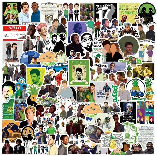 Main image of 100Pcs Psych Merchandise Stickers Pack, Funny TV Show Vinyl Waterproof Stickers for Water Bottles,Laptop,Skateboard,Phone,Bumper,Car Decals Party Supply