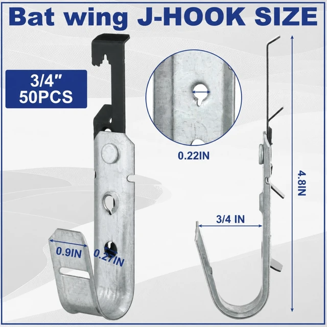 Alt view image 4 of 6 - 50 Pcs Bat Wing J Hook 3/4 Inch Cable Support Hangers G60 Galvanized Steel Construction, Cable Support for Ceiling Grid and Threaded Rod, Heavy Duty Wire Management