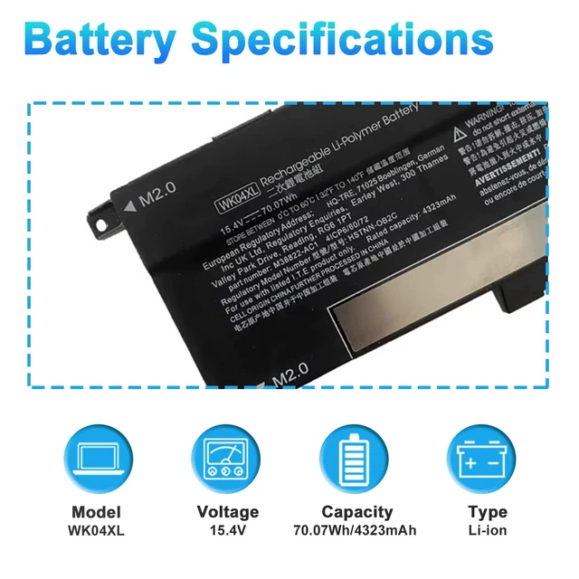 Alt view image 2 of 7 - WK04XL M39179-005 Battery for HP Omen 16-b 16-c HP Victus 15FA Series for HP Victus 16-d 16d0000 16-D0001UR 16-D0023DX 16-e 16e0000 16-E0005UA 16-E0029UR 16-E0194NW Series 15.4V 70.07Wh 4323mAh