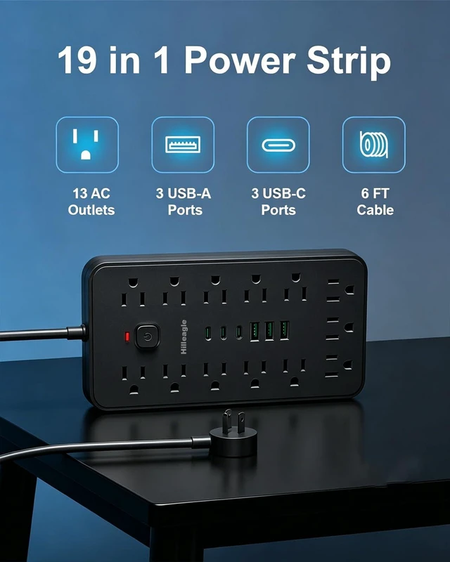 Alt view image 2 of 7 - Surge Protector Power Strip - 13 AC Outlets, 6 USB (3 USB C) Charging Ports 6FT Extension Cord, Flat Plug, Wall Mountable, Desk Charging Station, Home, Office, College Dorm, Gaming Room Essentials
