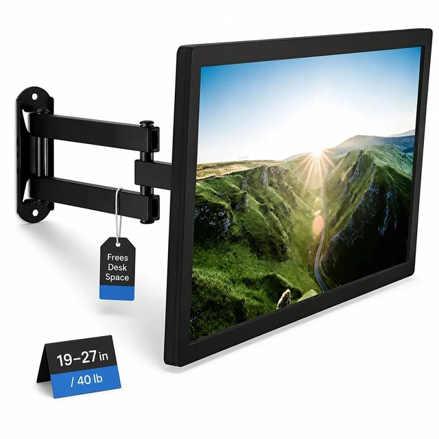 Alt view image 2 of 7 - Small TV Monitor Wall Mount Arm, 19-32", 40 lbs, RV Compatible VESA 75x75 & 100x100, swivel 180°, tilt +15°/-15°, extends 1.75-15in, single-stud or masonry install, corner-ready