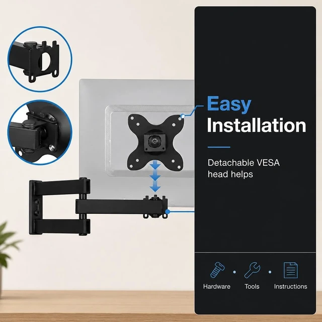 Alt view image 7 of 7 - Small TV Monitor Wall Mount Arm, 19-32", 40 lbs, RV Compatible VESA 75x75 & 100x100, swivel 180°, tilt +15°/-15°, extends 1.75-15in, single-stud or masonry install, corner-ready